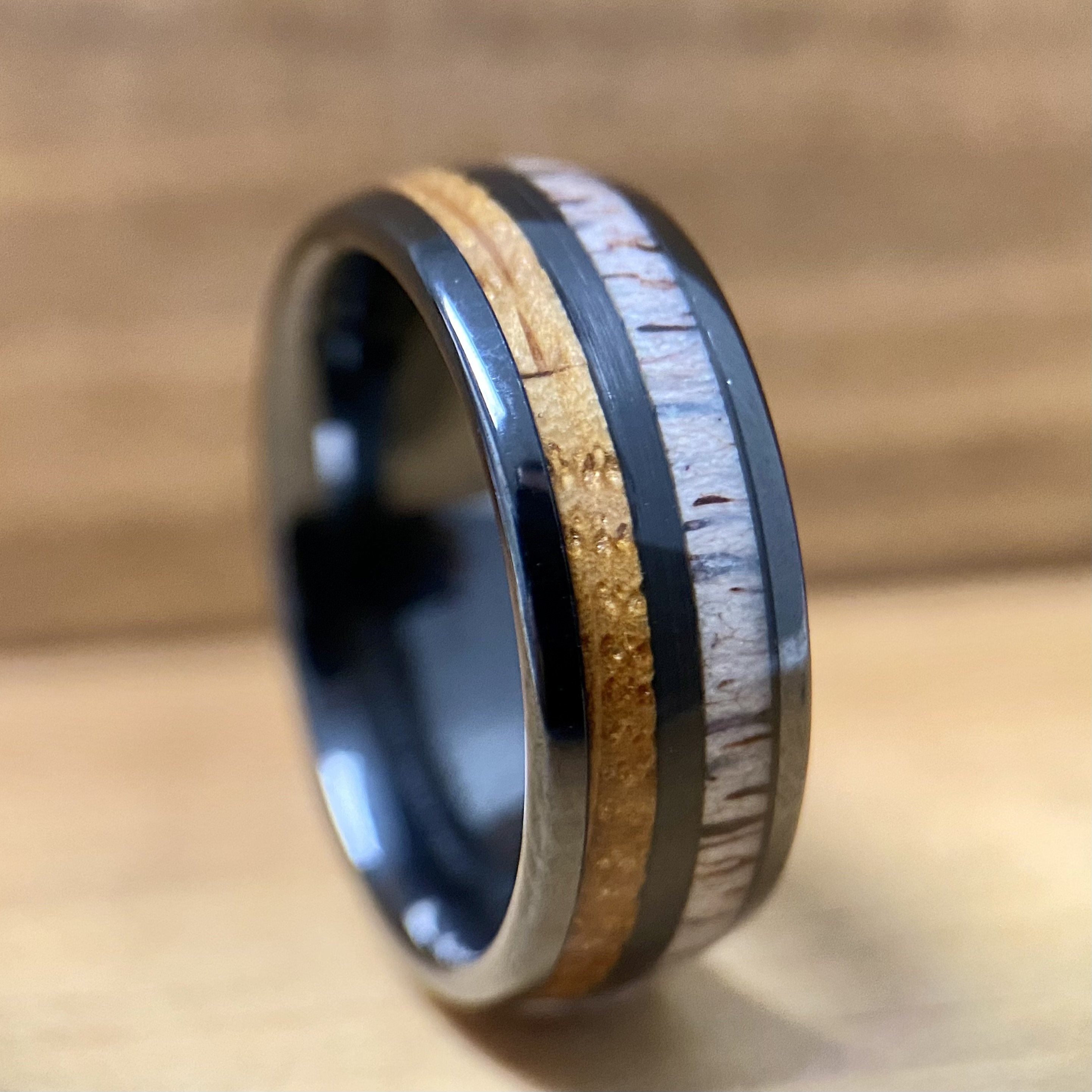 "The Daniel Boone" Kentucky Straight Bourbon Whiskey Barrel Black Ceramic Ring With Antler