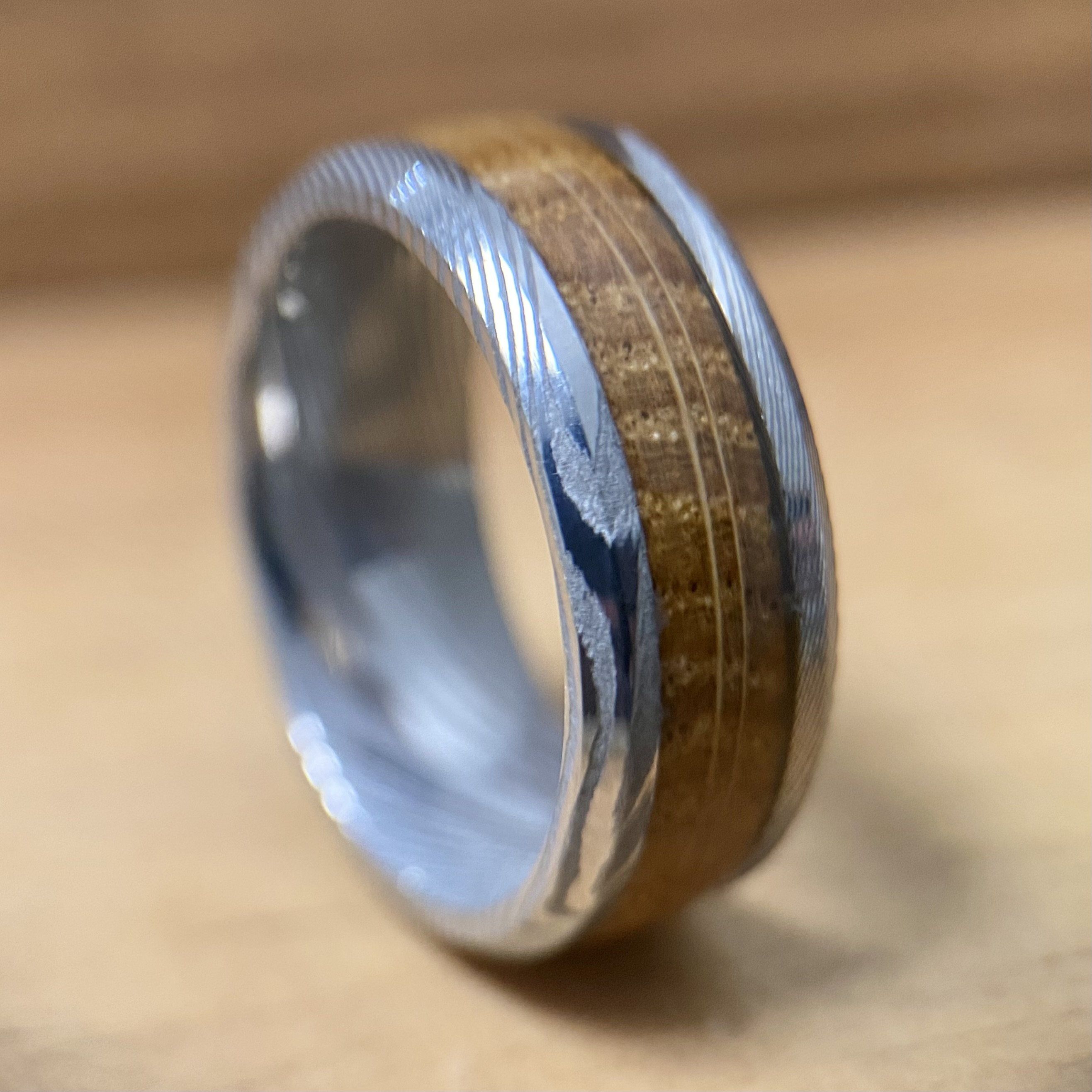 "The Rustic Warrior" Damascus Steel Design Ring With Wood From A Reclaimed Bourbon Whiskey Barrel