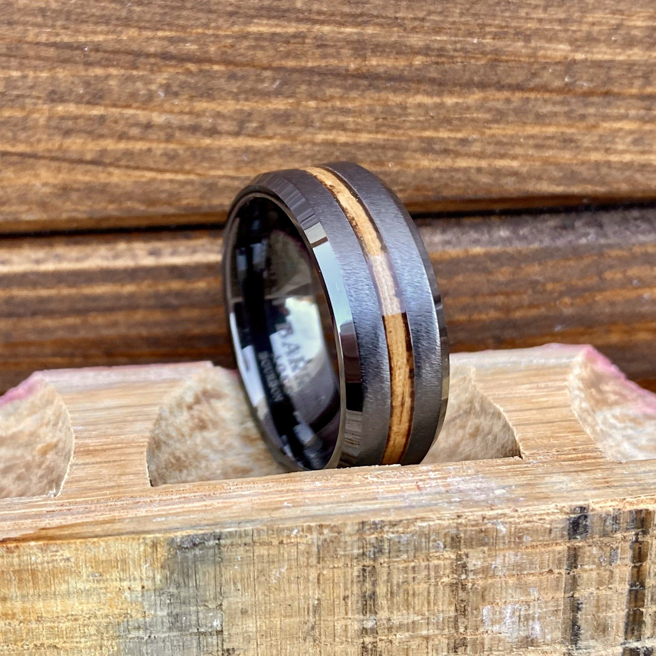 "The Night Rider" 100% USA Made Build Your Ring Black Diamond Ceramic Beveled Edge Band With Grain Finish