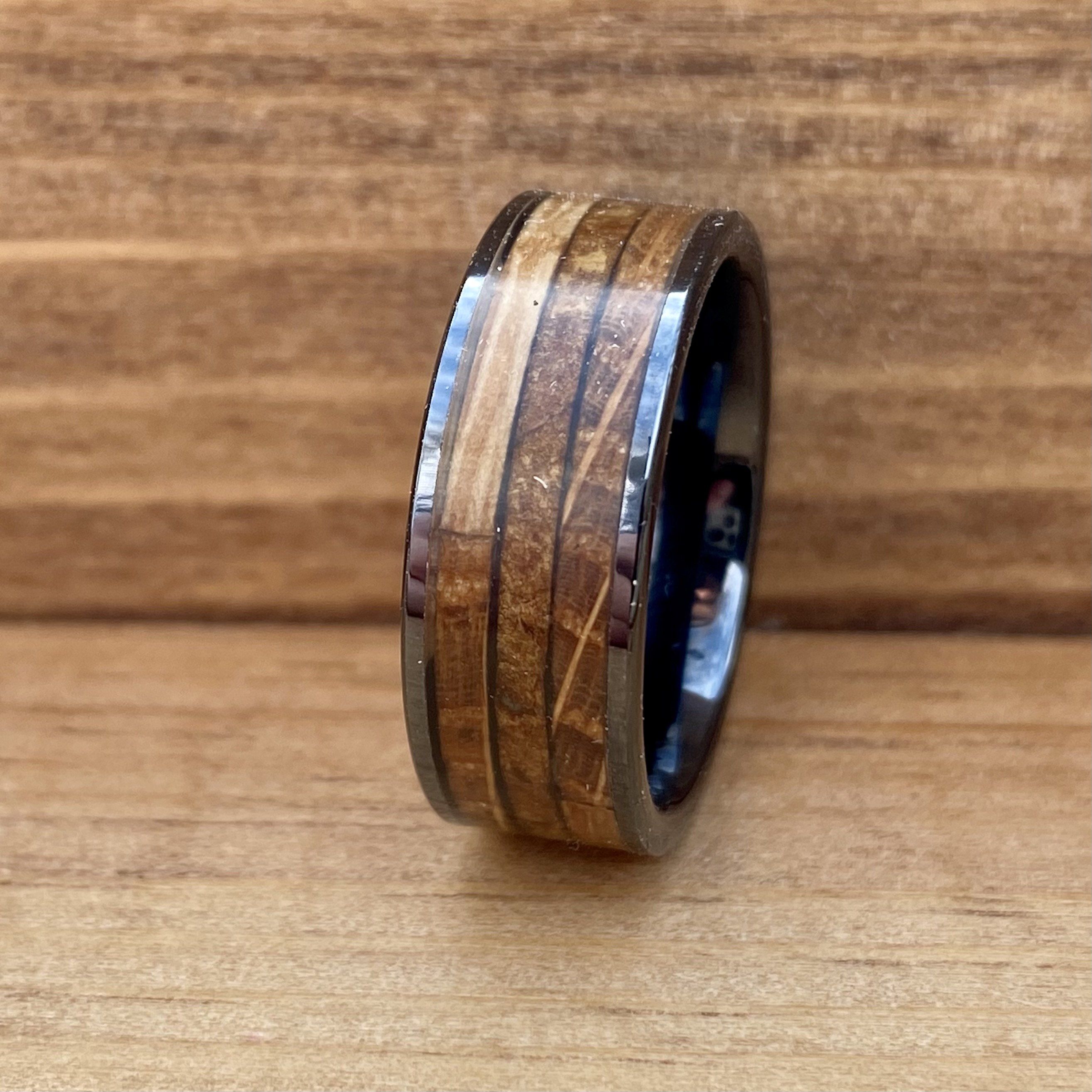 "The Gentleman" Black Ceramic Ring With Reclaimed Whiskey Barrel Wood and Cigar Leaf
