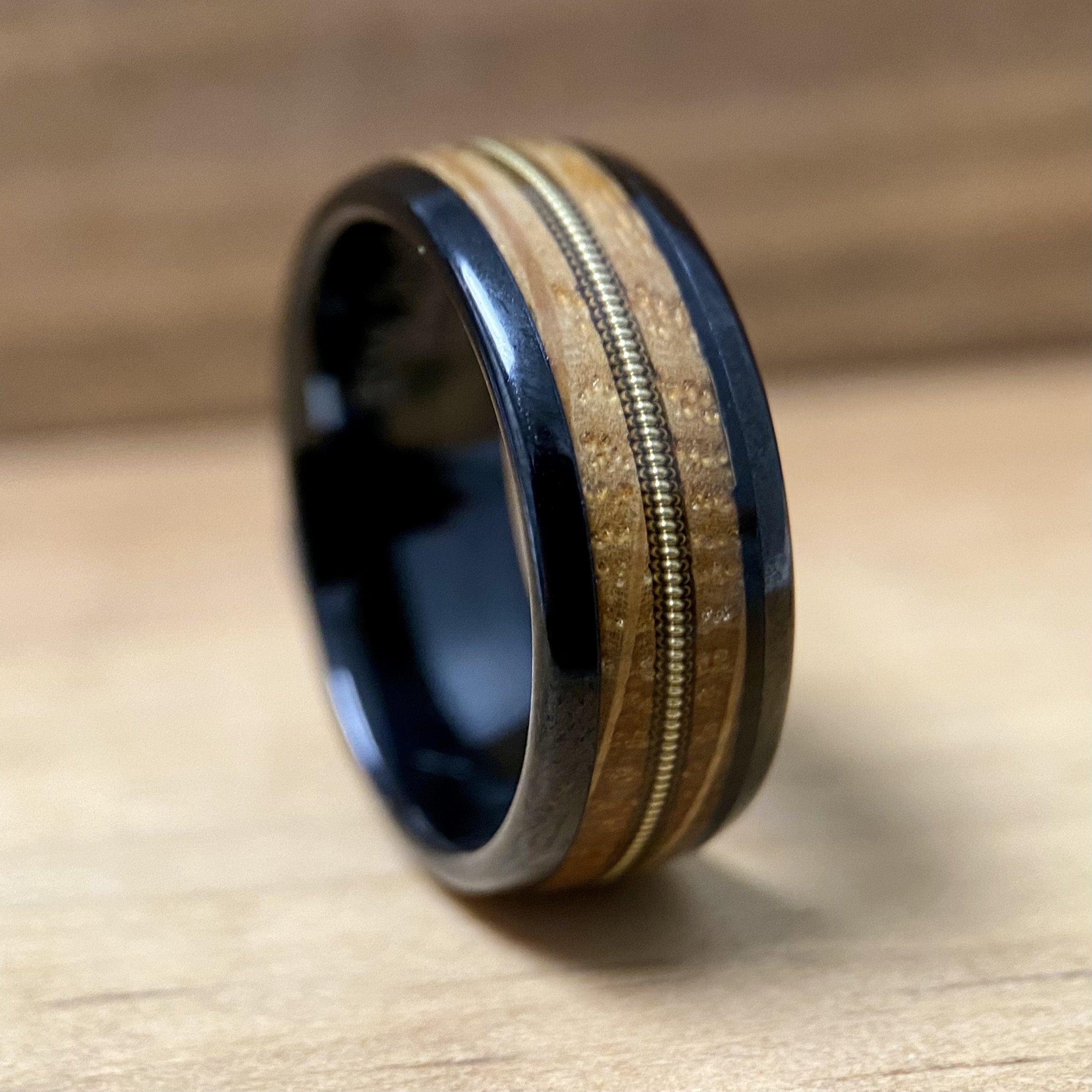 “The Bluegrass Guitar Player” Kentucky Bourbon Whiskey Barrel Black Ceramic Ring With Guitar String