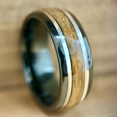 “The Ranger” Black Tungsten Ring With Reclaimed Bourbon Barrel And Real Sterling Silver Inlay