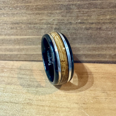 “The Ranger” Black Tungsten Ring With Reclaimed Bourbon Barrel And Real Sterling Silver Inlay