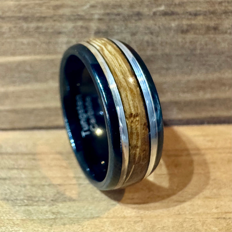 “The Ranger” Black Tungsten Ring With Reclaimed Bourbon Barrel And Real Sterling Silver Inlay