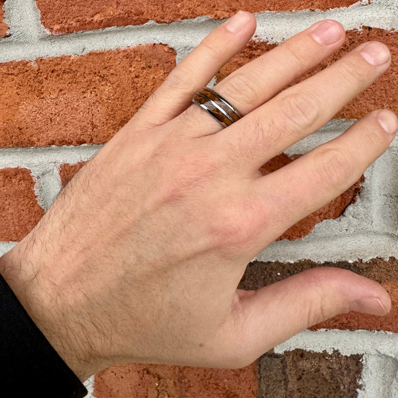 “The Bootlegger” Tungsten Ring With Reclaimed Bourbon Whiskey Barrel Wood ALT Wedding Band BW James Jewelers 