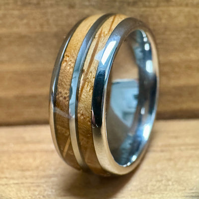 “The Bootlegger” Tungsten Ring With Reclaimed Bourbon Whiskey Barrel Wood ALT Wedding Band BW James Jewelers 