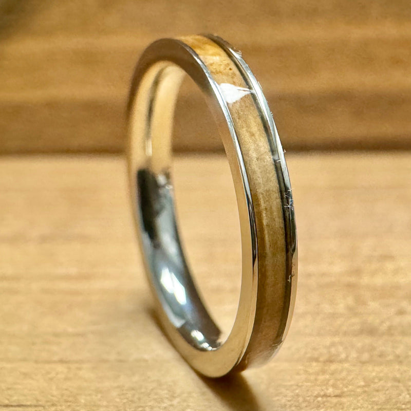 “The Lady Bourbon Stack” Reclaimed Bourbon Barrel Ring™ In Brilliant White Titanium ALT Wedding Band BW James Jewelers 