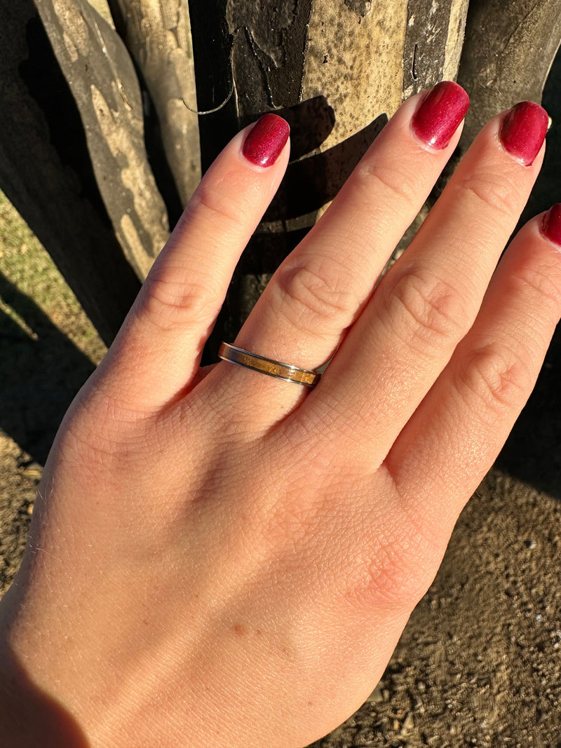“The Lady Bourbon Stack” Reclaimed Bourbon Barrel Ring™ In Brilliant White Titanium ALT Wedding Band BW James Jewelers 