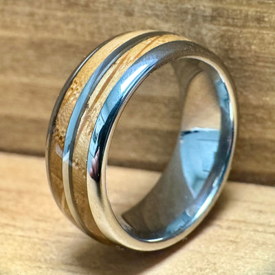 “The Bootlegger” Tungsten Ring With Reclaimed Bourbon Whiskey Barrel Wood ALT Wedding Band BW James Jewelers 