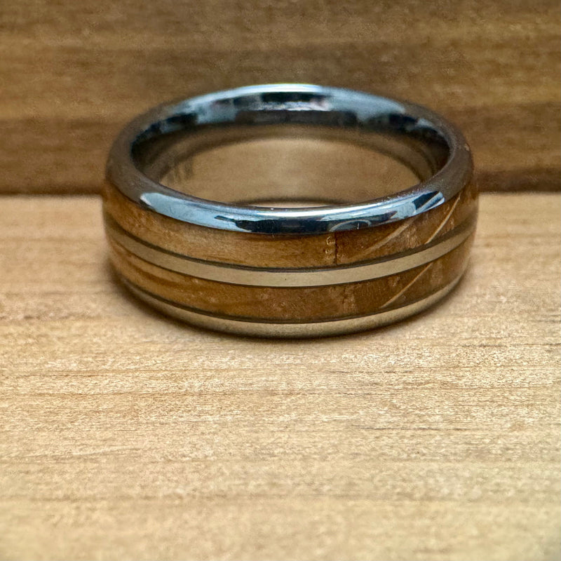 “The Bootlegger” Tungsten Ring With Reclaimed Bourbon Whiskey Barrel Wood ALT Wedding Band BW James Jewelers 