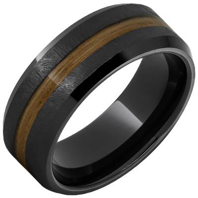 Black Ceramic Beveled Edge Band with Single Malt Barrel Inlay and Grain Finish Barrel Aged 