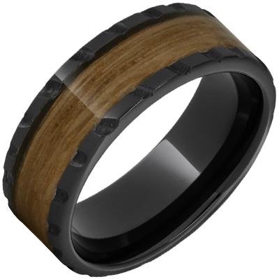 8mm Black Diamond Ceramic Pipe Cut Band with Single Malt Barrel Aged Inlay and Scored Finish Barrel Aged 