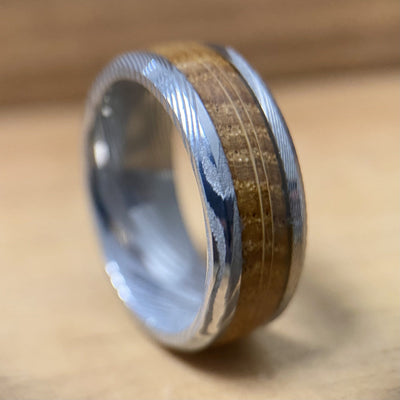 "The Rustic Warrior" Damascus Steel Design Ring With Wood From A Reclaimed Bourbon Whiskey Barrel Wedding Band BW James Jewelers 