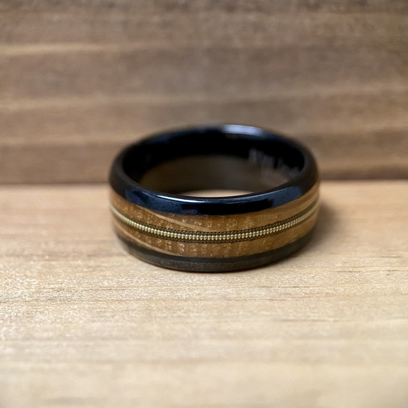 “The Bluegrass Guitar Player” Kentucky Bourbon Whiskey Barrel Black Ceramic Ring With Guitar String ALT Wedding Band BW James Jewelers 