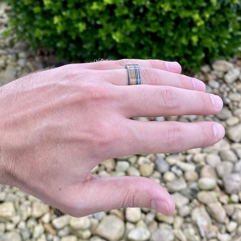“The Tucson” Heavy Tungsten Ring With Reclaimed Bourbon Barrel And Turquoise ALT Wedding Band BW James Jewelers 