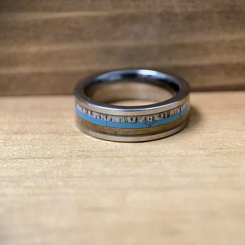 “The Lady Westerner” 6mm Tungsten Ring With Reclaimed Bourbon Barrel, Antler and Turquoise ALT Wedding Band BW James Jewelers 
