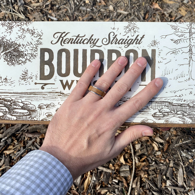 "The Kentuckian " 8mm Kentucky Straight Bourbon Barrel Inlay Ring Set In Solid Durable Tungsten ALT Wedding Band BW James Jewelers 