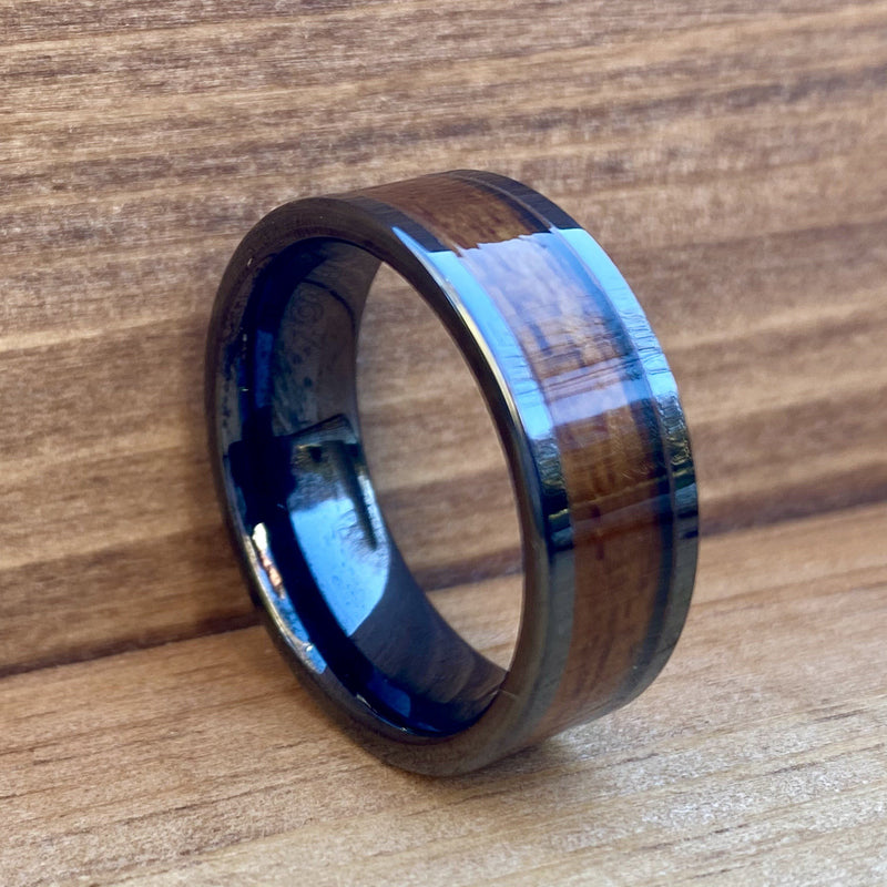 "The Battleship" 100% USA Made Black Ceramic Ring With Wood From The USS California ALT Wedding Band BW James Jewelers 