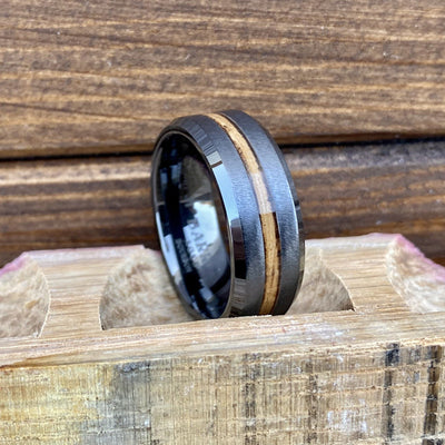 100% USA Made 8mm Black Diamond Ceramic Beveled Edge Band with Bourbon Barrel Inlay and Grain Finish Barrel Aged 