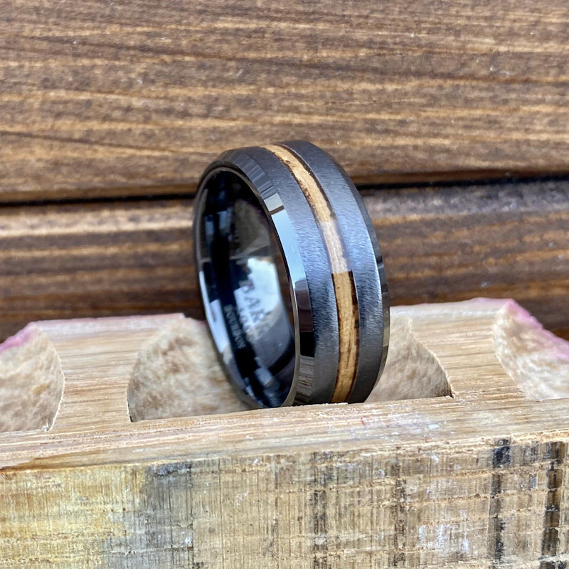 100% USA Made 8mm Black Diamond Ceramic Beveled Edge Band with Bourbon Barrel Inlay and Grain Finish Barrel Aged 