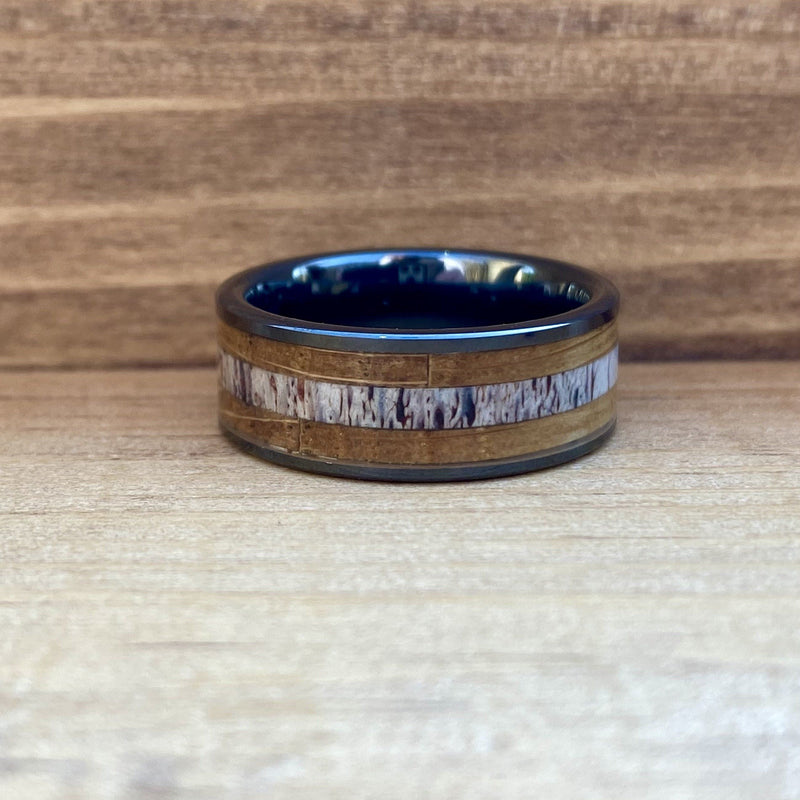 "The Outdoorsman" Black Ceramic Ring With Deer Antler and Reclaimed Whiskey Barrel Wood ALT Wedding Band BW James Jewelers 
