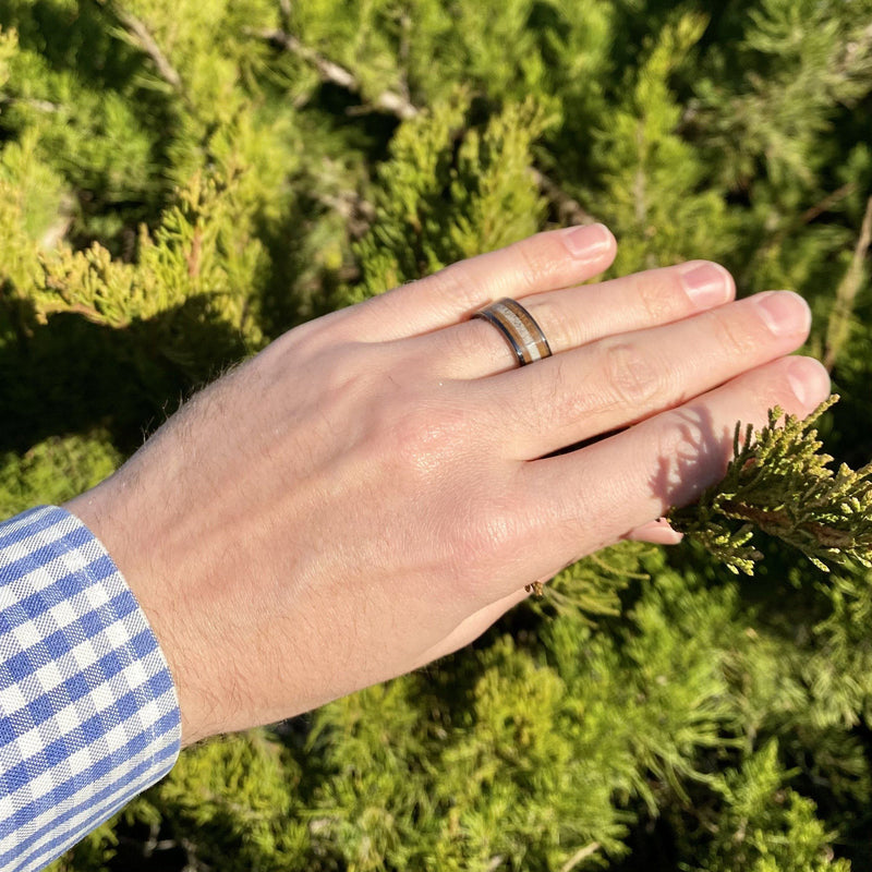 "The Outdoorsman" Black Ceramic Ring With Deer Antler and Reclaimed Whiskey Barrel Wood ALT Wedding Band BW James Jewelers 