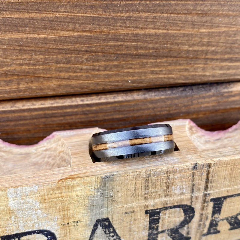 100% USA Made 8mm Black Diamond Ceramic Beveled Edge Band with Single Malt Whiskey Barrel Inlay and Grain Finish Barrel Aged 