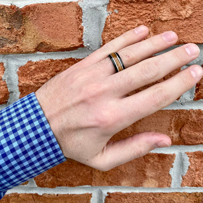 “The Ranger” Black Tungsten Ring With Reclaimed Bourbon Barrel And Real Sterling Silver Inlay - bourbonbarrelrings.com