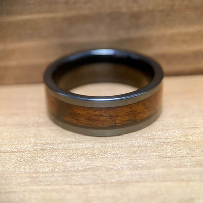 “The Olympic” 100% USA Made Black Ceramic Ring With Wood From The RMS Olympic ALT Wedding Band BW James Jewelers 
