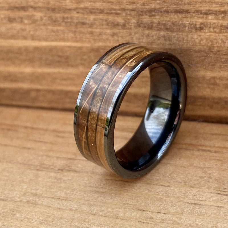 "The Gentleman" Black Ceramic Ring With Reclaimed Whiskey Barrel Wood and Tobacco Leaf Wedding Band BW James Jewelers 