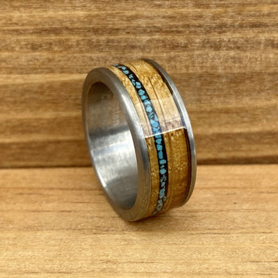 “The Tucson” Heavy Tungsten Ring With Reclaimed Bourbon Barrel And Turquoise ALT Wedding Band BW James Jewelers 