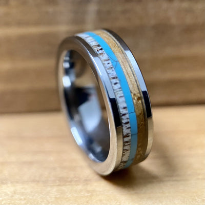 “The Lady Westerner” 6mm Tungsten Ring With Reclaimed Bourbon Barrel, Antler and Turquoise ALT Wedding Band BW James Jewelers 