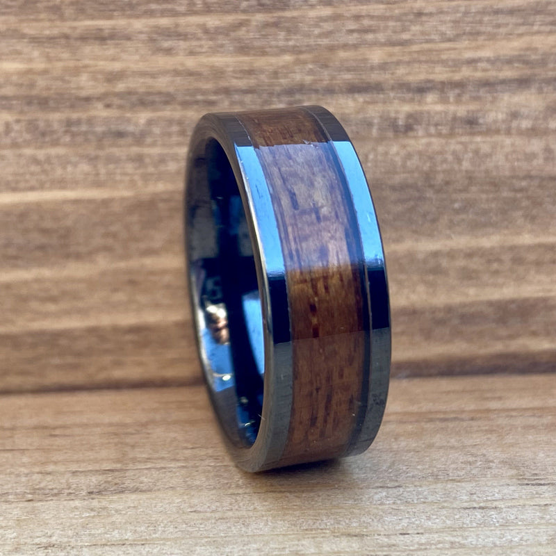 "The Battleship" 100% USA Made Black Ceramic Ring With Wood From The USS California ALT Wedding Band BW James Jewelers 