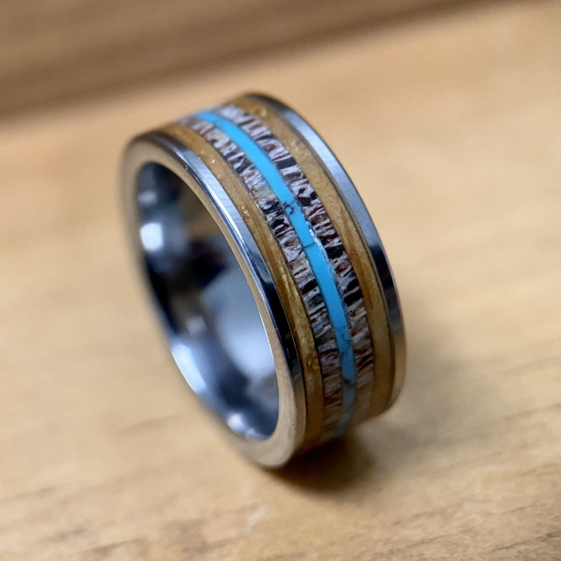 “The Westerner” Tungsten Ring With Reclaimed Bourbon Barrel, Antler and Turquoise ALT Wedding Band BW James Jewelers 