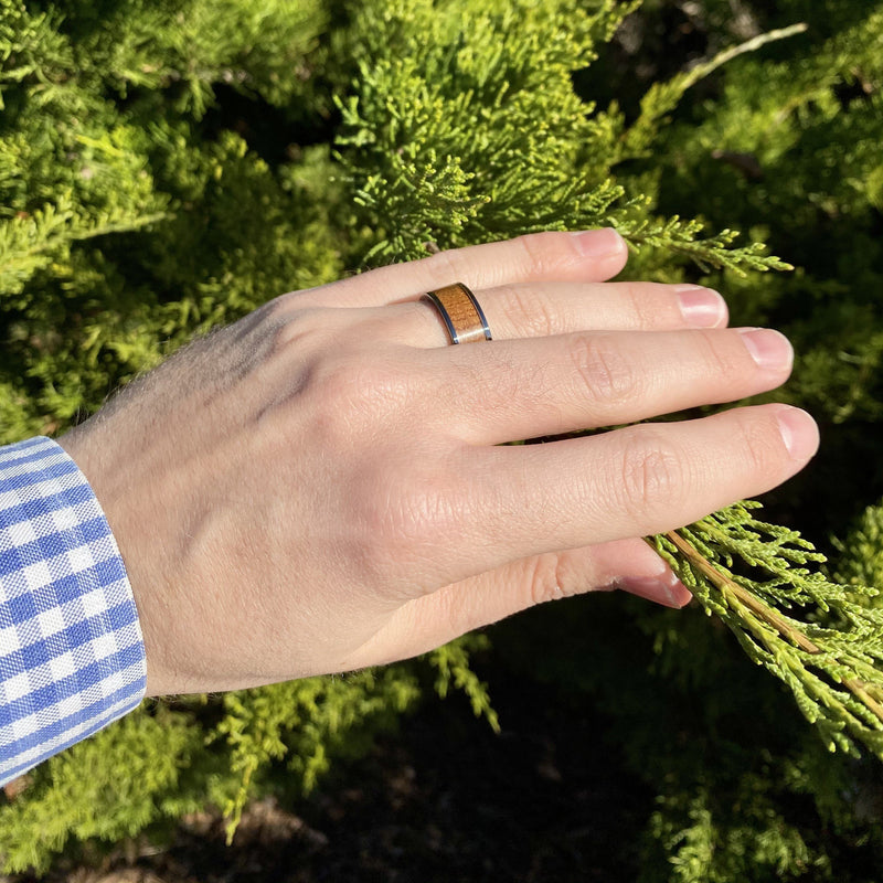 "The Lexington" 8mm Kentucky Straight Bourbon Whiskey Barrel Inlay Ring Set In Solid Black Ceramic ALT Wedding Band BW James Jewelers 