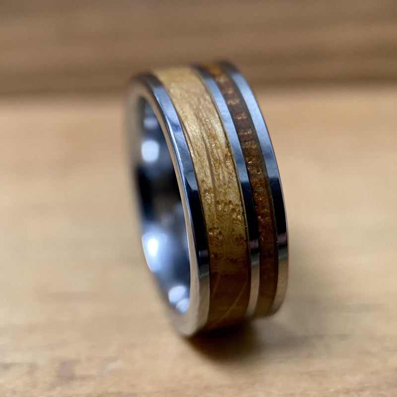 “The Whiskey Lover” Tungsten Ring With Reclaimed Bourbon Whiskey Barrel Wood ALT Wedding Band BW James Jewelers 