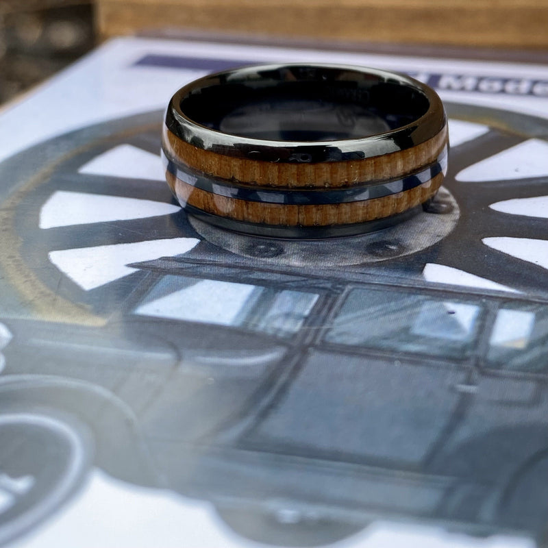 “The Motorist” 100% USA Made Black Ceramic Ring With Wood from A Model T Wheel Spoke ALT Wedding Band BW James Jewelers 