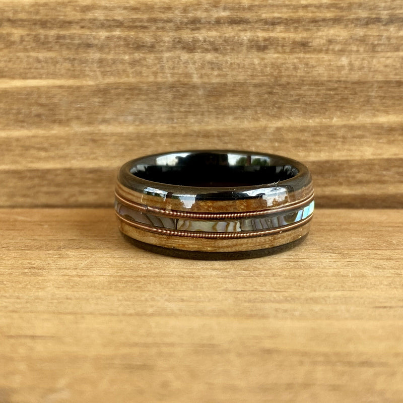 “The Rockstar” Bourbon Whiskey Barrel Black Ceramic Ring With Guitar String ALT Wedding Band BW James Jewelers 