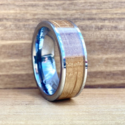"The Kentuckian " 8mm Kentucky Straight Bourbon Whiskey Barrel Inlay Ring Set In Solid Durable Tungsten ALT Wedding Band BW James Jewelers 