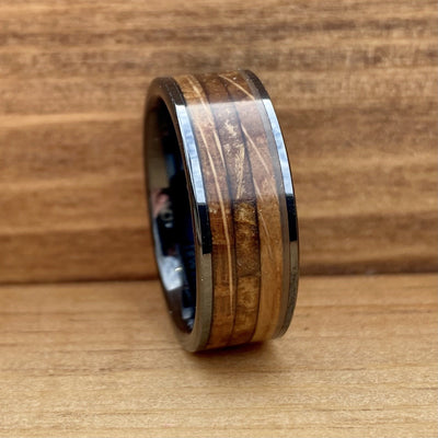 "The Gentleman" Black Ceramic Ring With Reclaimed Whiskey Barrel Wood and Tobacco Leaf Wedding Band BW James Jewelers 