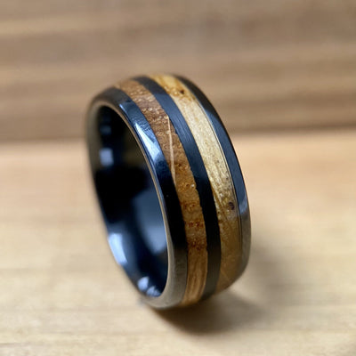 "The Blue Grass" Kentucky Straight Bourbon Whiskey Barrel Black Ceramic Ring ALT Wedding Band BW James Jewelers 