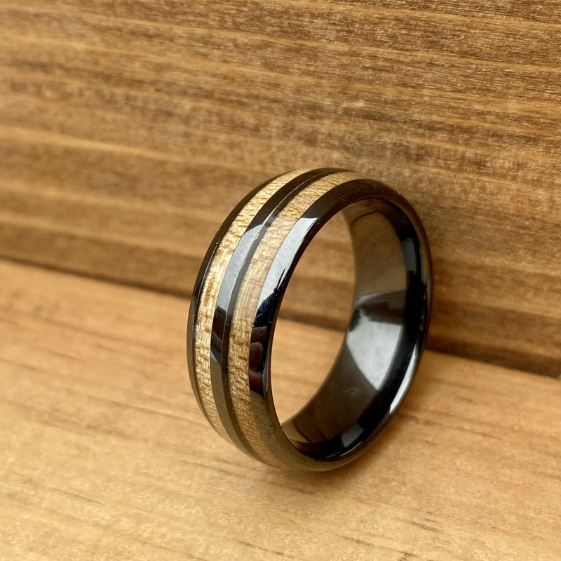 “The Aviator” 100% USA Made Black Ceramic Ring With Wood From RAF Mosquito Airplane ALT Wedding Band BW James Jewelers 