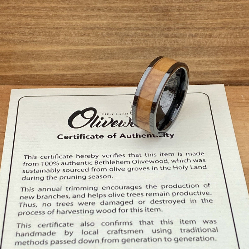 “The Holy Land” 100% USA Made Black Ceramic Ring With Olive Wood From Israel ALT Wedding Band BW James Jewelers 
