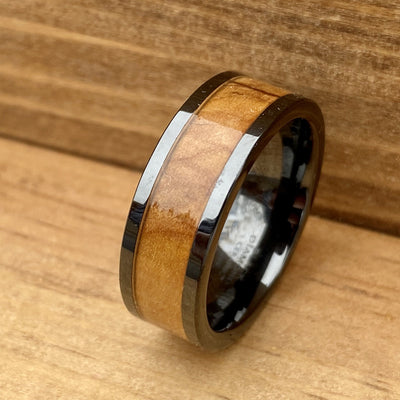 “The Holy Land” 100% USA Made Black Ceramic Ring With Olive Wood From Israel ALT Wedding Band BW James Jewelers 
