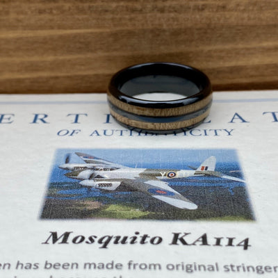 “The Aviator” 100% USA Made Black Ceramic Ring With Wood From RAF Mosquito Airplane ALT Wedding Band BW James Jewelers 