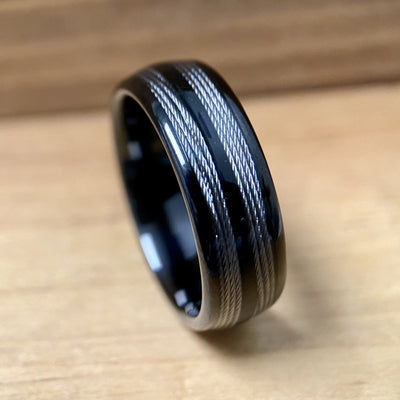 “The Angler” Black Tungsten Ring With Fishing Line ALT Wedding Band BW James Jewelers 