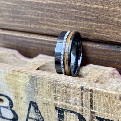 100% USA Made 8mm Black Diamond Ceramic Pipe Cut Band with Off-Center Whiskey Barrel Inlay and Turquoise Or Antler Inlay Barrel Aged 
