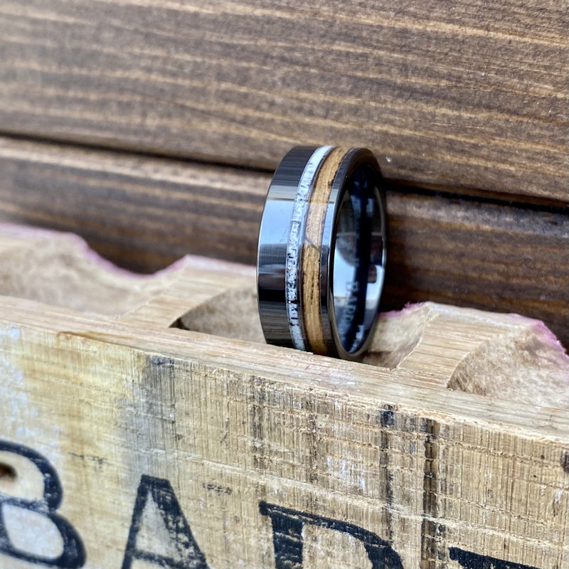100% USA Made 8mm Black Diamond Ceramic Pipe Cut Band with Off-Center Whiskey Barrel Inlay and Turquoise Or Antler Inlay Barrel Aged 