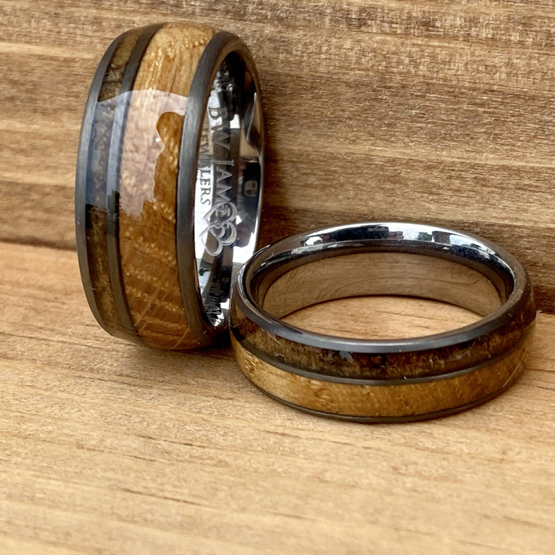 Matching Set “W&M Churchill” Kentucky Straight Bourbon Whiskey Barrel Tungsten Ring ALT Wedding Band BW James Jewelers 