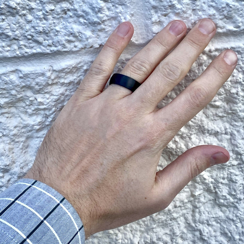 “The Machinist” 8mm Black Pure Carbon Fiber Ring ALT Wedding Band BW James Jewelers 